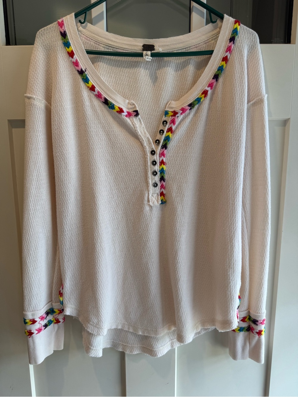 We The Free White Waffle Knit Henley with Multicolor Trim